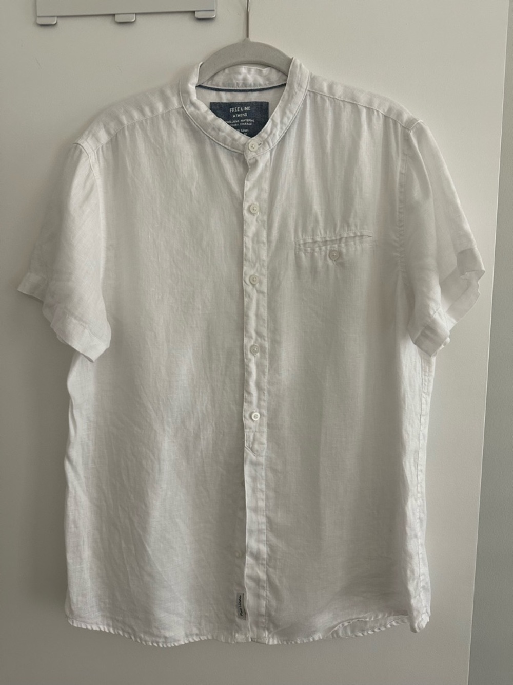 White Short-Sleeve Band Collar Shirt